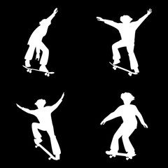 Silhouettes of skateboarders isolated on black background. Vector