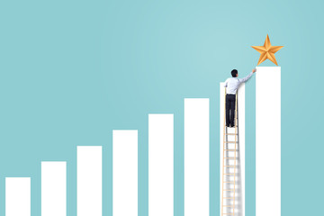 businessman climb up rising graph on ladder to reach star, successful and win concept