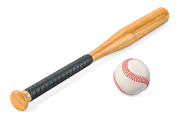 Baseball ball and bat, 3D rendering