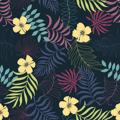 Tropical background with palm leaves and flowers. Seamless floral pattern. Summer vector illustration