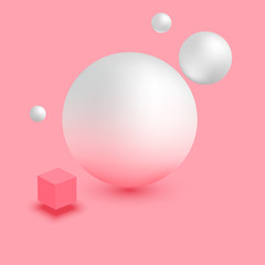 Pink background with white 3d balls and cube.