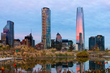 Skyline of Financial District in Las Condes from Bicentennial park in Vitacura, Santiago de Chile,...