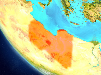 Satellite view of Libya in red