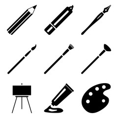 Fototapeta premium Vector Set of Silhouette Art Icons. Painting and Writing Tools