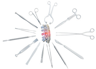Medical surgical instruments around the part of the diseased spine - scalpel, scissors, forceps, lancet, chisel, knife. Medicine and healthcare concept, isolated on white. 3D illustration