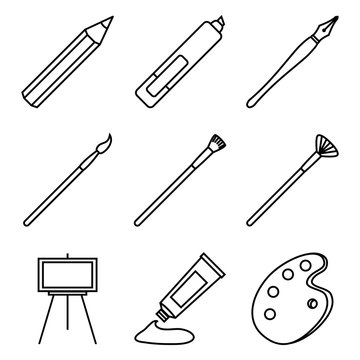 Vector Set of Black Outline Art Icons. Painting and Writing Tools