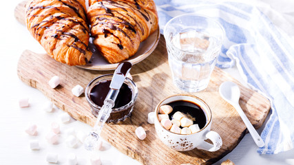 Croissant with Chocolate Espresso with Marshmallow Glass of Water Tradition Zatraq Morning Baking Sweet Dessert