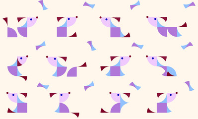 Nursery Childish Seamless Pattern Background with playing puppies. Decorativ Style Trendy Textile, Wallpaper, Wrapping Paper, Kids Apparel Design. Vector illustration.