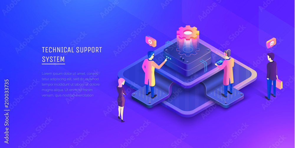 Fototapete System of technical support. People interacting with the technical support center. Modern vector illustration isometric style.