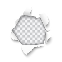 Vector realistic hole torn in white paper with rolled edges and transparent background - obrazy, fototapety, plakaty
