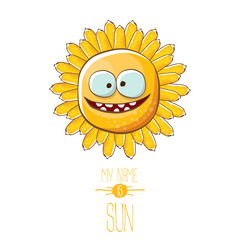 vector funky cartoon style summer sun character isolated on white background. My name is sun concept illustration. funky kids summer character with eyes and mouth