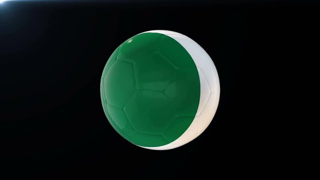 Football with flag of Nigeria, soccer ball with Nigerian flag, sports equipment rotating on black background, 3D animation