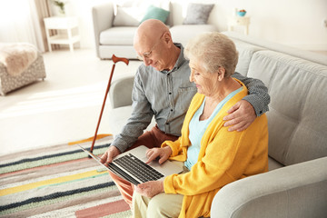 Obraz premium Elderly couple using laptop in living room