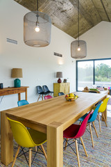 Modern house with garden swimming pool and wooden deck