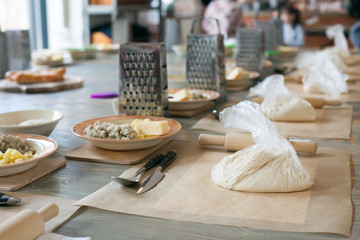 cooking class, culinary. food and people concept, desktop getting ready for work © misskaterina