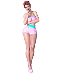 Obraz premium 3D beautiful young attractive pin up girl vintage.Shorts and bra.Woman studio photography.High heel.Conceptual fashion art.Seductive candid pose.Realistic render.Summer collection clothes