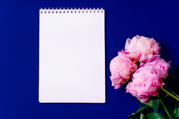Flat lay composition with peons and empty notepad with copy space on blue background. Top view, colorful workspace concept