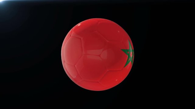 Football with flag of Morocco, soccer ball with Moroccan flag, sports equipment rotating on black background, 3D animation