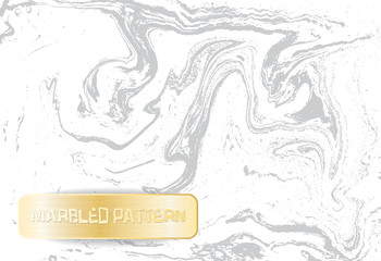 Fototapeta premium White and gray marble pattern. Light marbling texture. Decorative marbled background with gold banner. Vector illustration.