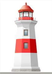 Bright sea lighthouse. Old building. Architecture. Vector graphics. The facade of red and white