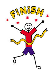 Cartoon joyful little man crossing the finish line. Metaphor. Text on top 