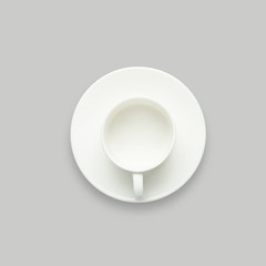 White empty coffee or tea cup kitchen dish object top view flat lay gray background