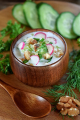 Cold soup Tarator with kefir, cucumber and radish in a wooden bowl. Bulgarian cuisine meal