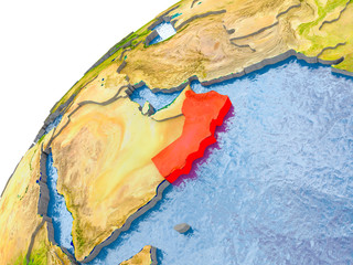 Map of Oman in red on globe