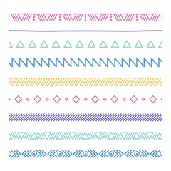 Tribal brushes. Border. Ethnic hand drawn vector line border set. Design element. Native brushes. Aztec geometric vintage fashion pattern for design. Trendy doodle style.