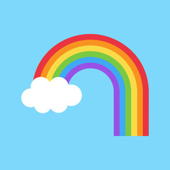 Simple colorful cute rainbow vector illustration. Rainbow with one cloud and extended one end on light blue background.