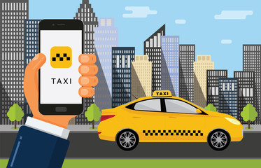 Booking taxi cab via mobile app. Hand holds the phone with taxi service and city skyscrapers  with yellow car on background. Vector flat illustration. 
