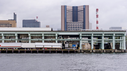 Fototapeta na wymiar View of the famous Tsukiji fish market in the Chuo district of Tokyo, Japan, Asia, seen from the Sumida river
