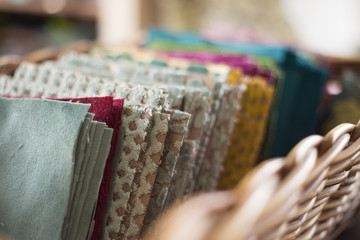 Patchwork velvet fabric pieces for upholstering a wing chair