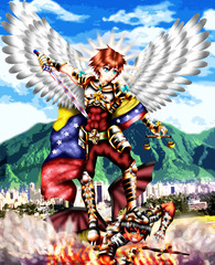 San Miguel Arcangenl, he is the boss of the celestial troops, he is fighting against evil in Caracas, Vnezuela, anime style.