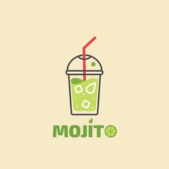 Vector illustration of summer cocktail mojito. Glass of Mojito with ice, lime, mint and straws