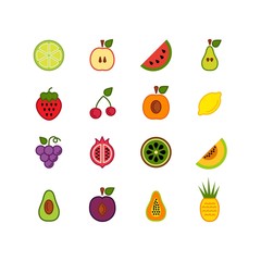 Fruits and berries icons collection. Vector illustration of apple, pear, strawberry, orange, peach, plum, pomegranate, pineapple, grapes, kiwi, mango