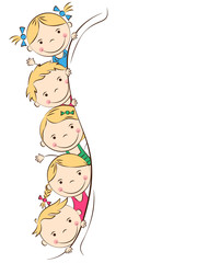 Fototapeta na wymiar Cheerful doodle kids. Happy cartoon boys and girls. Holidays, vacations, weekends. Place for your text. Vector illustration
