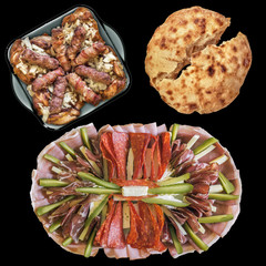 Barbecued Minced Meat Loaves and Crispy Chicken Ties served with Chopped Onion in Glass Baking Pan with Appetizer dish and Leavened Flatbread Isolated on Black Background