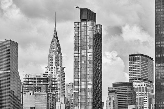 Black and white picture of New York City architecture, USA.