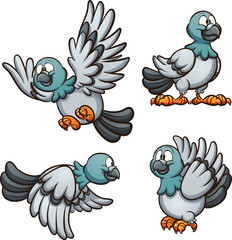 Cartoon pigeon in different positions. Vector clip art illustration with simple gradients. Each on a separate layer. 
