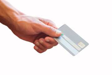 hand holding credit card on white background insulator