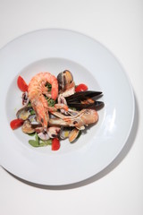 Seafood salad with stuffed mussel and prawns