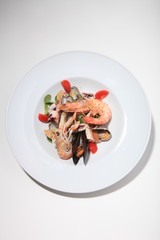 Seafood salad with stuffed mussel and prawns