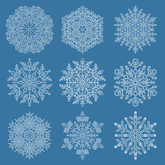 Set of snowflakes. White winter ornaments. Snowflakes collection. Snowflakes for backgrounds and designs
