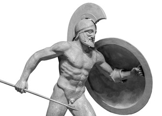 Warrior in helmet statue isolated on white background