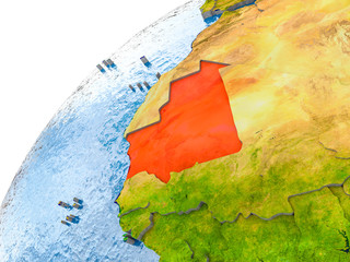 Map of Mauritania in red on globe