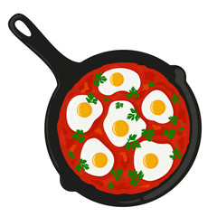 Shakshouka (shakshuka) served in a frying pan with parsley, top view. Traditional middle eastern (israeli, arab) dish made of eggs and tomato sauce. Vector hand drawn illustration.