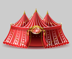 Vector 3d realistic circus tent with illuminated signboard for entertainment, amusement show. Red cirque, arena with bulbs, lighting. Marquee with stage for ad poster, promo banner © vectorpocket