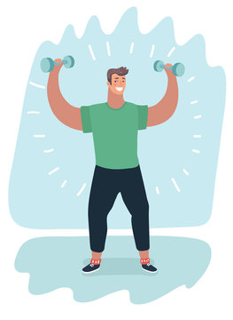 Cartoon smiling man with dumbbells.