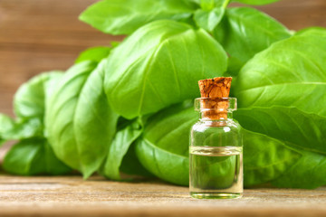 A bottle of basil essential oil with fresh basil leaves on a table.